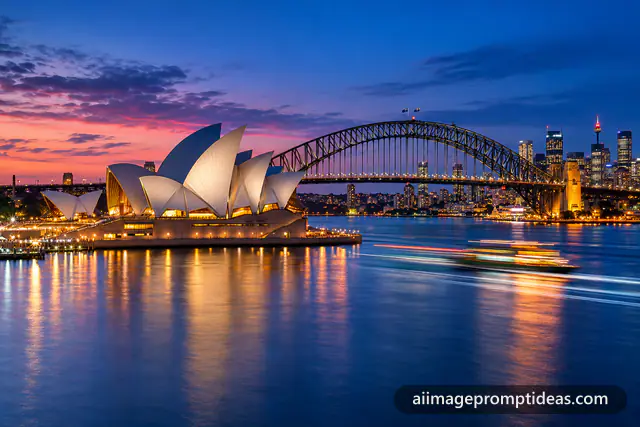 Sydney Opera House sails glowing at blue hour with the Harbour Bridge and city lights, AI generated