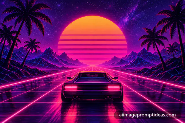 Synthwave scene with a retro car on a neon grid road toward a striped sun and palm trees, AI generated