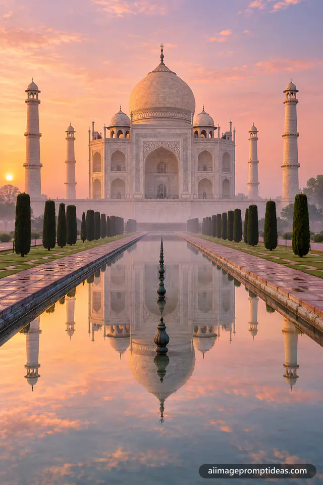 Taj Mahal at sunrise reflected in the long water channel with mist and cypress trees, AI generated