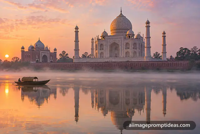 Taj Mahal glowing pink at sunrise seen across the misty Yamuna river with a small boat, AI generated