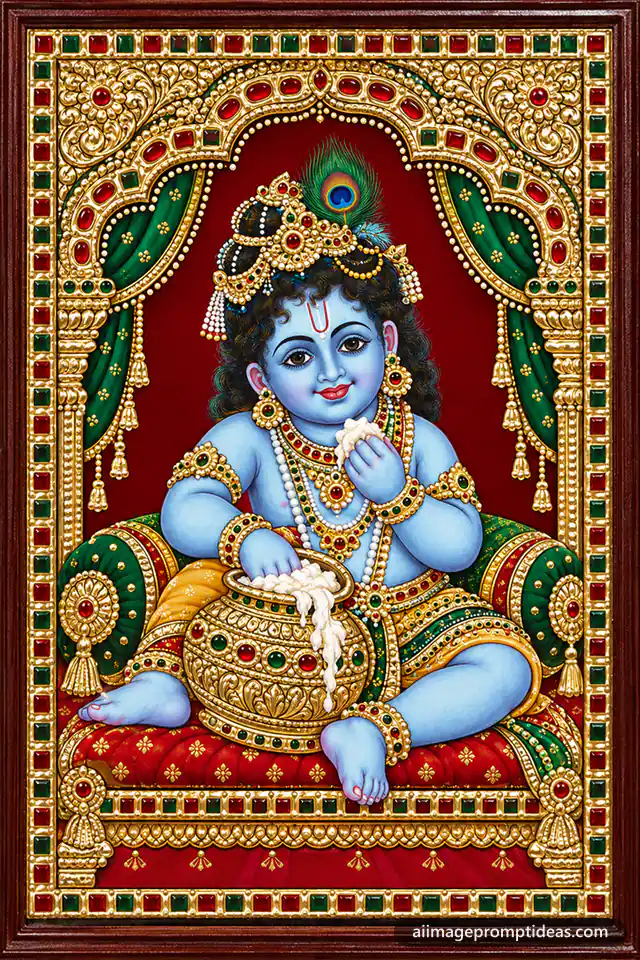 Tanjore style painting of baby Krishna with gold relief work, AI generated