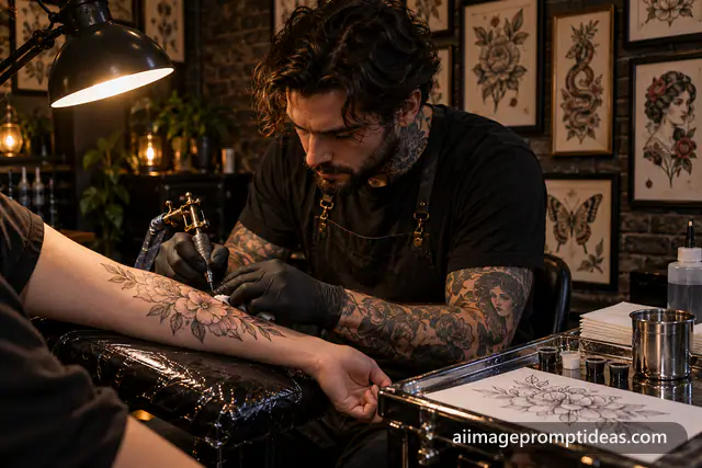 Tattoo artist in black gloves inking a floral design on a client's forearm in a moody studio, AI generated