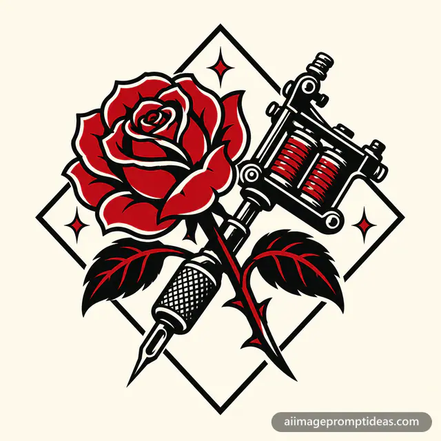 Flat vector tattoo studio logo with a rose and tattoo machine, AI generated