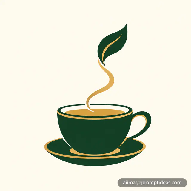 Minimal tea brand logo of a teacup whose steam forms a tea leaf in green and gold, AI generated