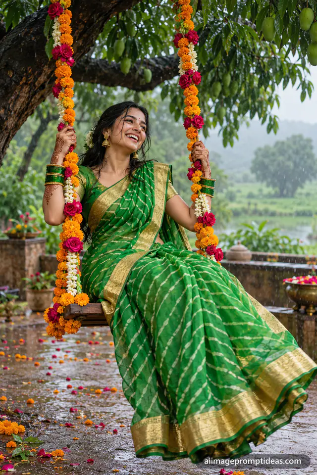 Woman in a green leheriya saree laughing on a flower-decorated swing for Teej, AI generated