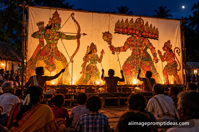 Colorful leather shadow puppets glowing on a lamp-lit screen, AI generated