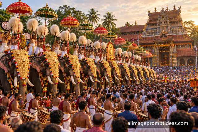Row of caparisoned elephants with sequined parasols in front of a temple at Thrissur Pooram, AI generated