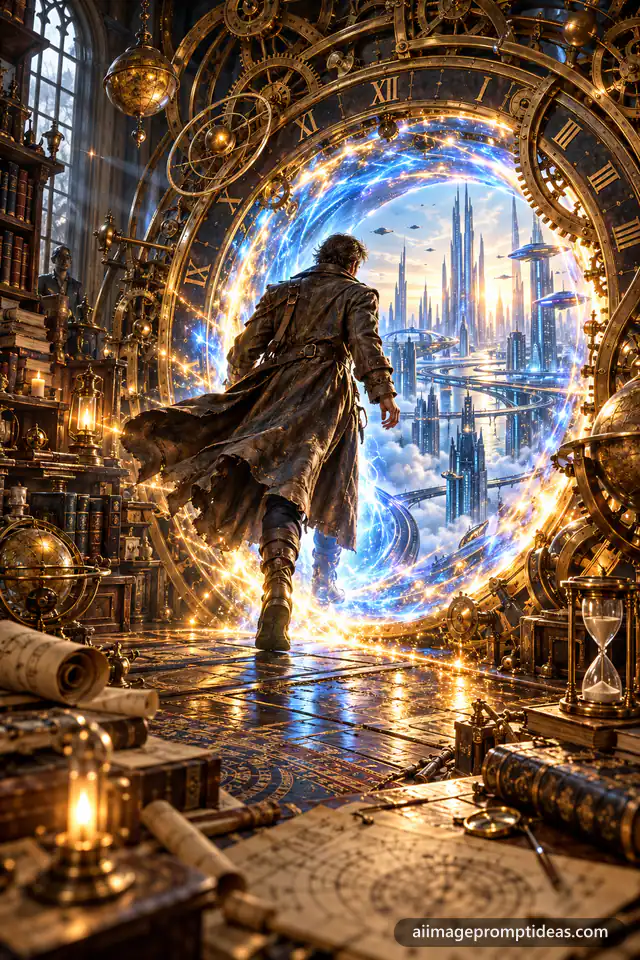 Time traveler stepping through a glowing portal framed by giant brass clock gears, AI generated