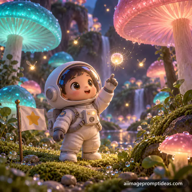 Cute 3D cartoon astronaut touching a glowing spore in a garden of giant teal and pink mushrooms, AI generated