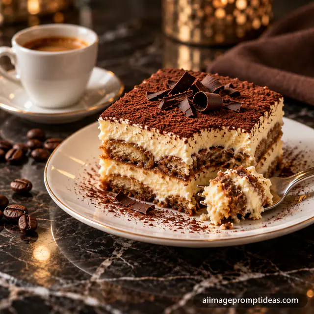 Layered tiramisu slice with mascarpone and cocoa dusting beside an espresso cup, AI generated