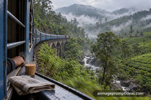 View from a train window with a glass of chai as the train curves through misty mountains, AI generated