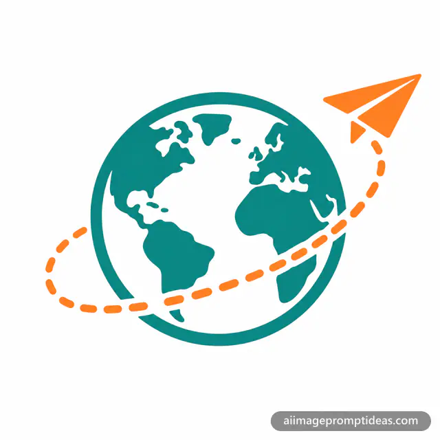 Flat travel agency logo of a teal globe with an orange paper plane on a dotted path, AI generated