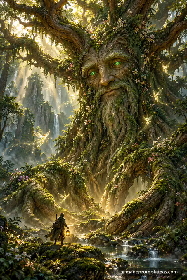 Giant ancient tree spirit with glowing eyes in a misty forest, AI generated