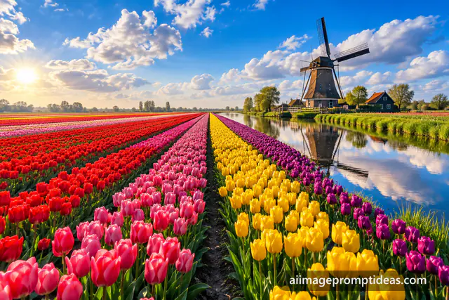 Colorful stripes of tulips leading to a traditional Dutch windmill under a spring sky, AI generated