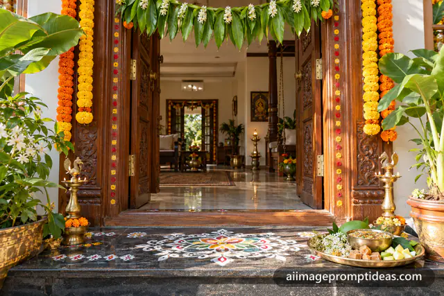 South Indian doorway with a mango leaf toran and kolam on Ugadi, AI generated