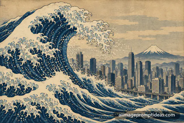 Ukiyo-e woodblock style giant wave crashing over a modern city skyline with Mount Fuji, AI generated