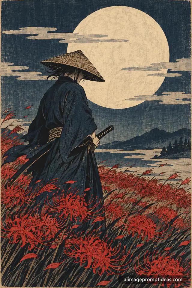 Ukiyo-e woodblock print of a samurai in a field of red spider lilies under a full moon, AI generated