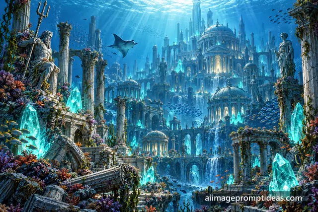 Ruins of Atlantis on the ocean floor with marble columns, glowing crystals and sunbeams, AI generated