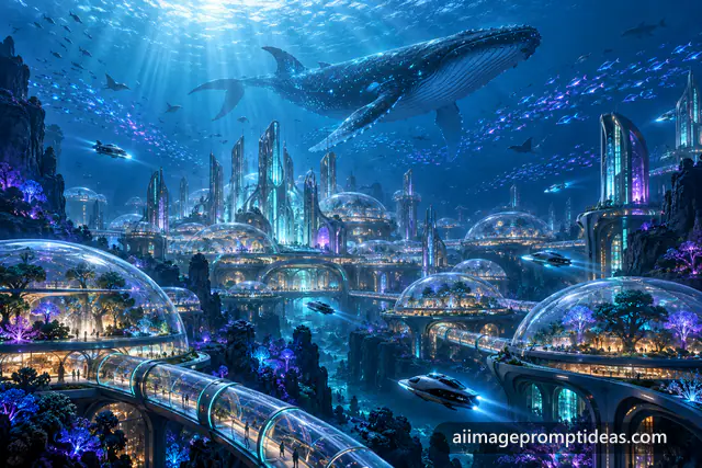 Futuristic underwater city of glowing glass domes with a whale and glowing fish, AI generated