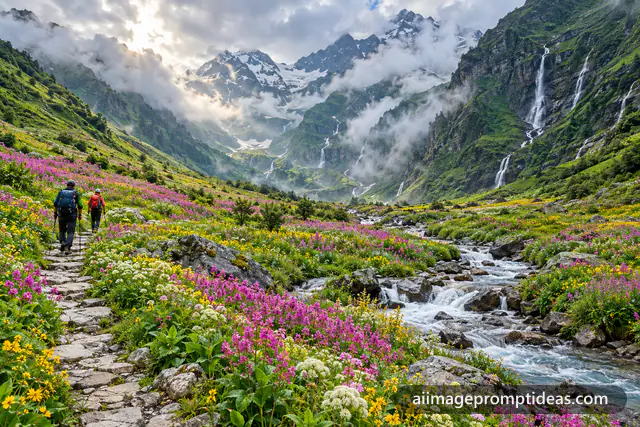 Valley of Flowers in bloom with colorful wildflowers, a stream and trekkers below misty mountains, AI generated