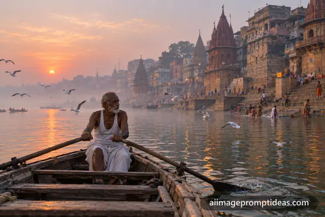 Old boatman rowing a wooden boat on the misty Ganga at dawn with Varanasi ghats behind, AI generated