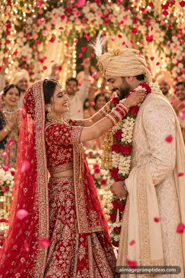 Indian bride placing a rose garland on the groom at the varmala ceremony with petals falling, AI generated