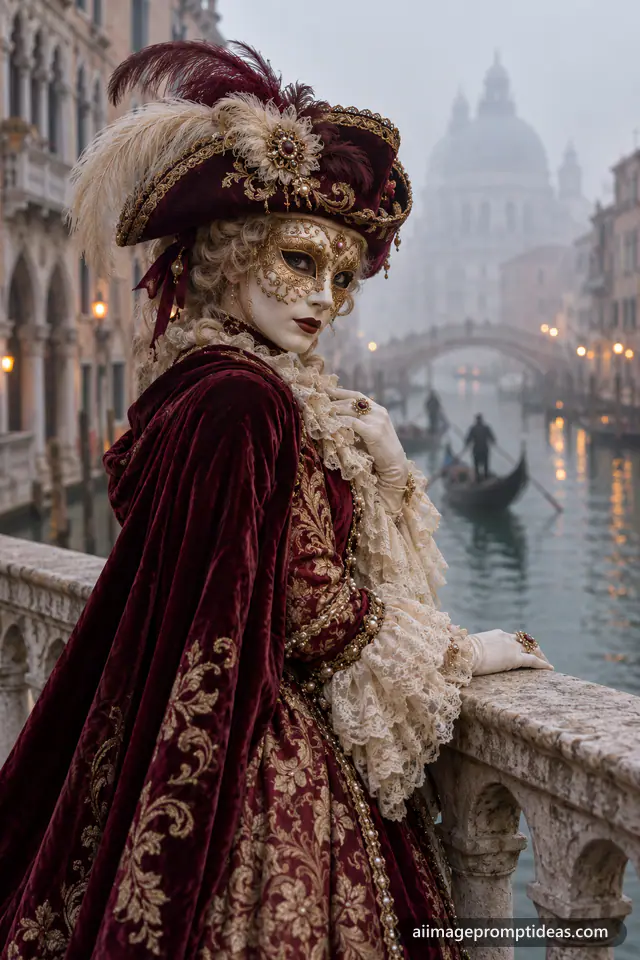 Reveler in a gold Venetian mask and burgundy costume on a canal bridge, AI generated