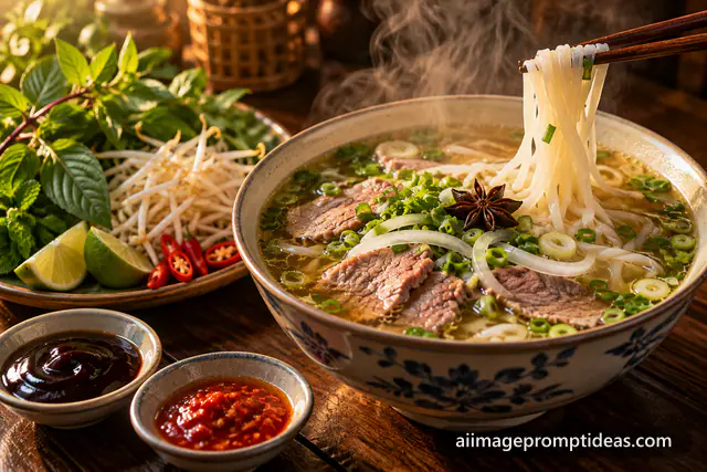 Steaming bowl of Vietnamese pho with herbs, lime and chilies, AI generated