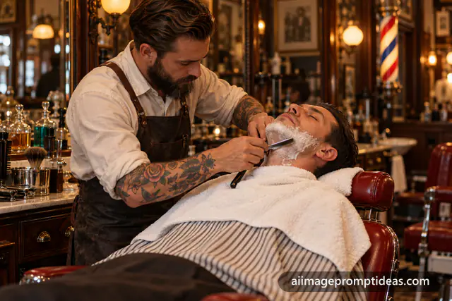 Barber giving a straight razor shave to a customer in a red leather chair in a vintage shop, AI generated