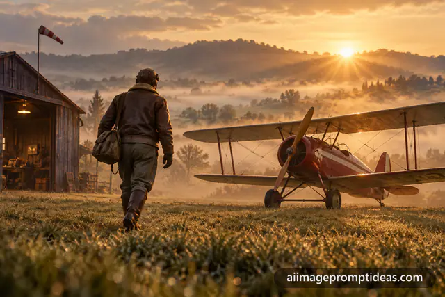 Pilot in a leather jacket walking toward a vintage biplane at dawn, AI generated