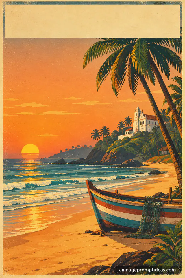 Vintage 1950s-style travel poster of a Goa beach with palms, a fishing boat and a white church, AI generated