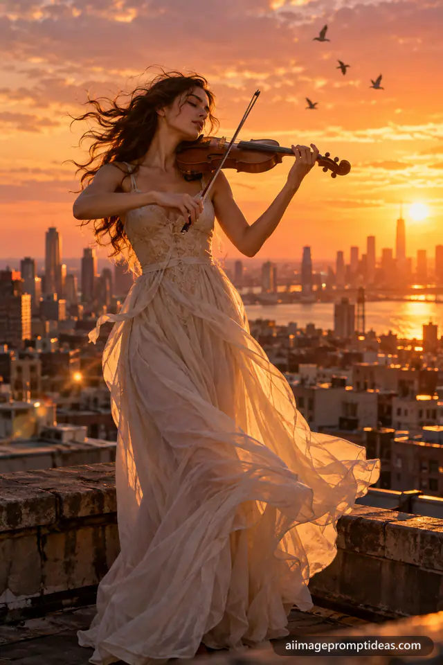 Woman in a cream dress playing violin on a city rooftop at sunset with the skyline behind, AI generated