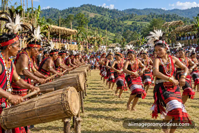 Garo drummers and dancers in feathered headgear at the Wangala festival, AI generated