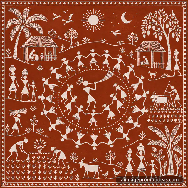 Warli folk painting of white stick figures dancing in a circle around a musician on red-brown, AI generated
