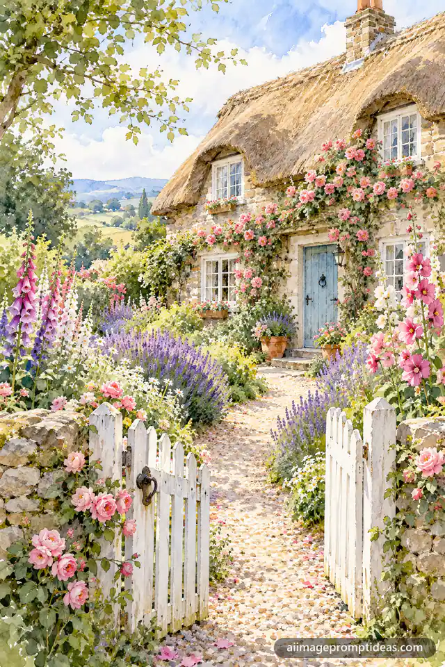 Watercolor painting of a thatched stone cottage in a flower garden, AI generated