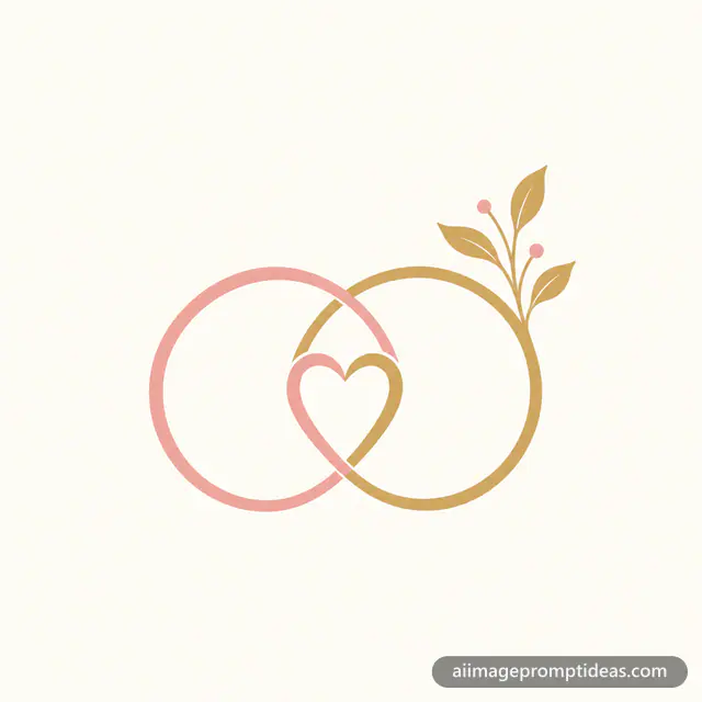 Minimal wedding planner logo of two interlocked rings forming a heart with a leaf sprig, AI generated