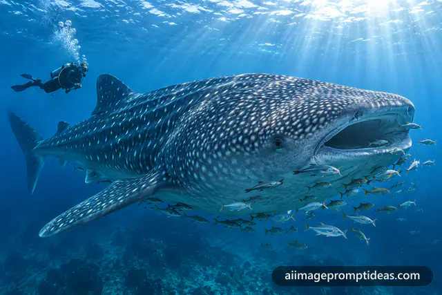 Scuba diver swimming beside a giant spotted whale shark in clear blue water with sun rays, AI generated