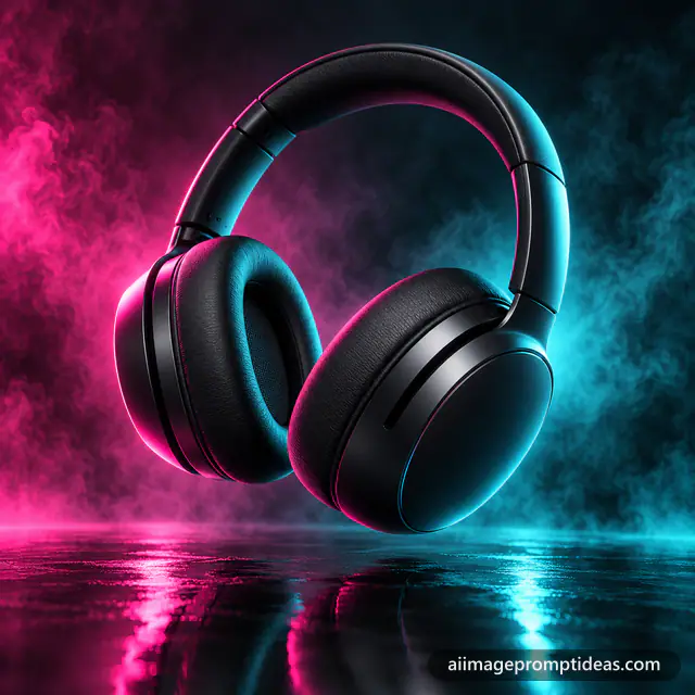 Matte black wireless headphones floating over a reflective surface with pink and cyan neon lights, AI generated