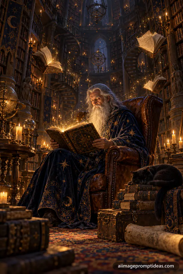 Old wizard reading a glowing spellbook in a candlelit library with floating books and a black cat, AI generated