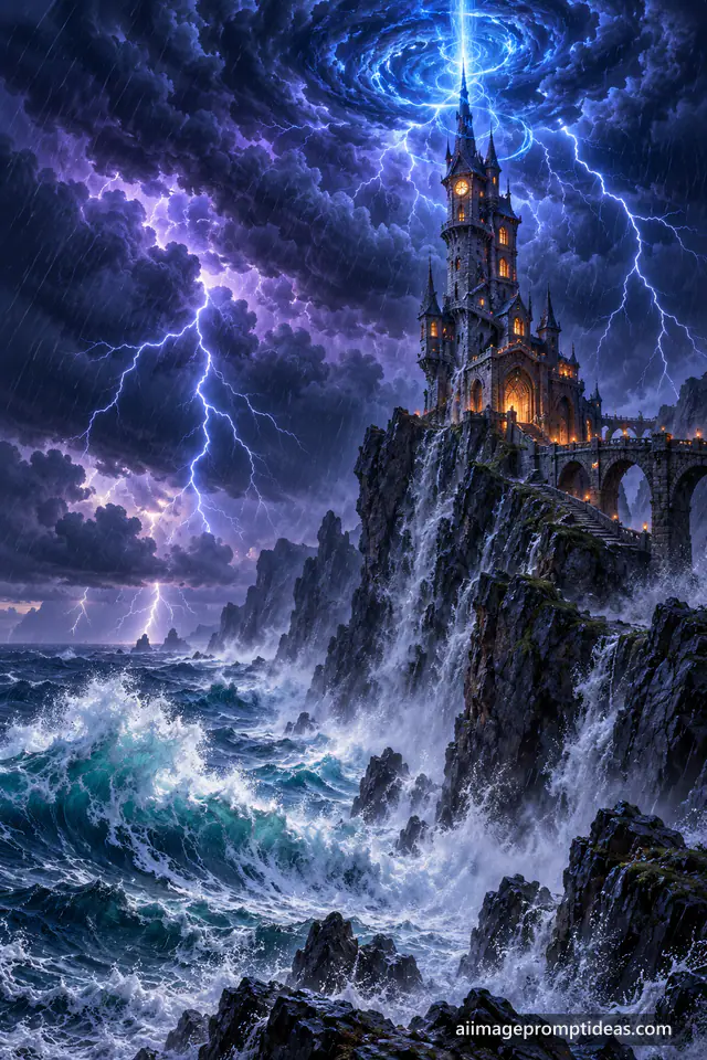 Crooked wizard tower on a cliff with glowing windows and blue magic under lightning, AI generated