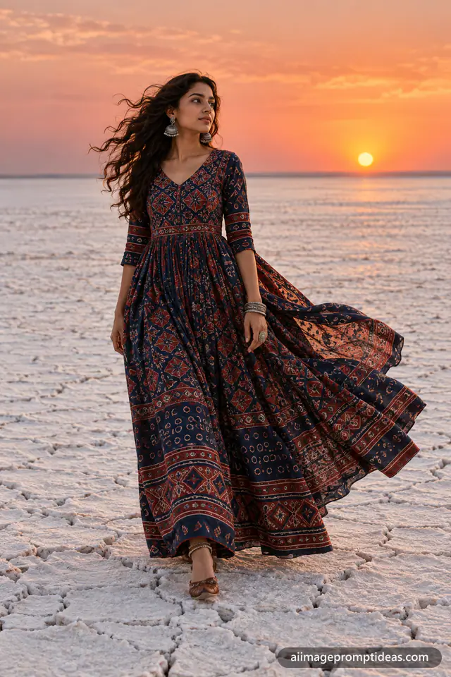 Woman in an indigo ajrakh print dress on the white Rann of Kutch at sunset, AI generated
