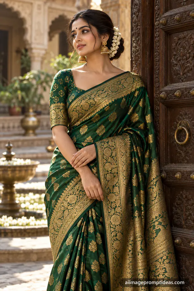 Woman in an emerald Banarasi silk saree with gold zari standing by a carved door in a haveli, AI generated