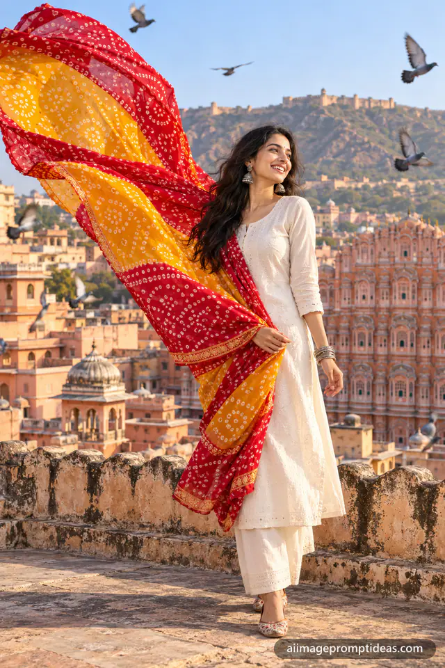 Woman with a red and yellow bandhani dupatta flowing on a Jaipur rooftop, AI generated