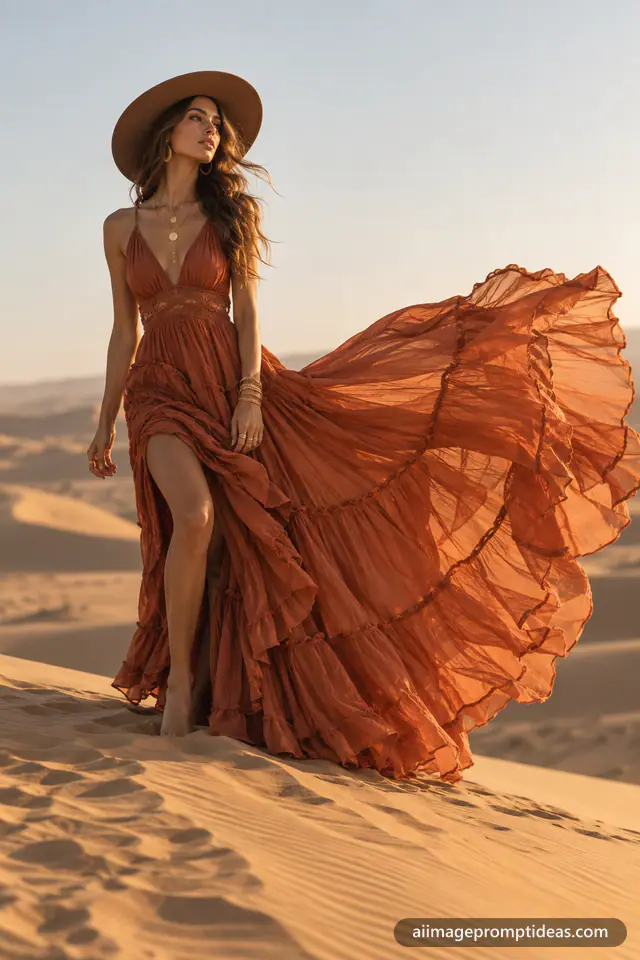 Woman in a rust boho maxi dress and felt hat on a sand dune with the fabric flowing in the wind, AI generated