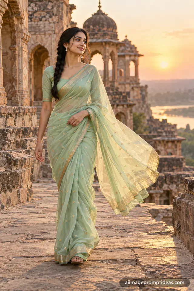 Woman in a mint green Chanderi saree at sandstone fort ruins, AI generated