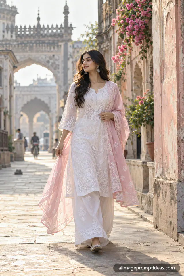 Woman in a white chikankari kurta and pink dupatta walking through an old Lucknow street, AI generated