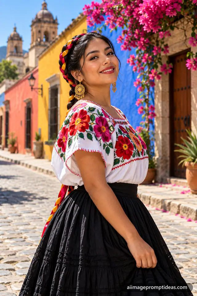 Woman in a hand-embroidered huipil blouse on a colorful Oaxaca street, AI generated