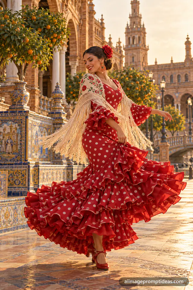 Woman twirling in a red polka-dot flamenco dress in a Seville plaza, AI generated