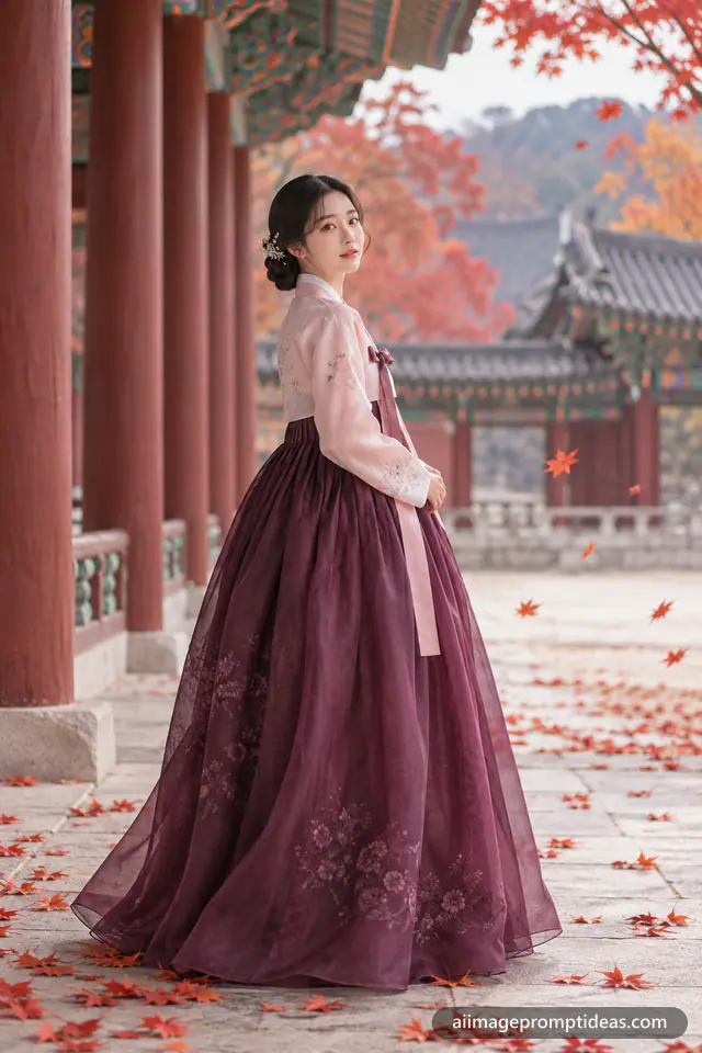 Woman in a pink and plum hanbok in a Korean palace corridor, AI generated