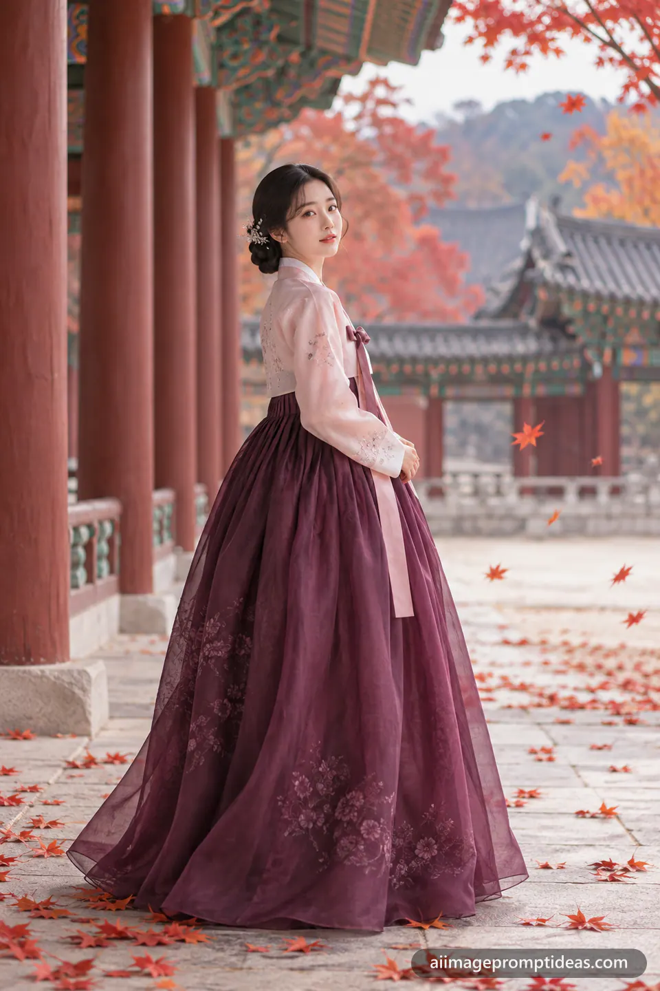 Woman in a pink and plum hanbok in a Korean palace corridor, AI generated